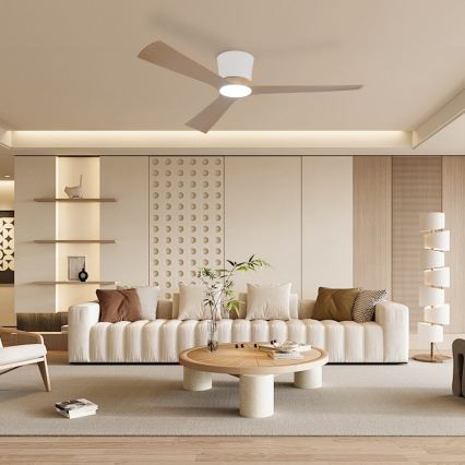 ZEVENTI - LED stlmiteľný stropný ventilátor AUREX LED/24W/230V 3000/4000/6000K Wi-Fi Tuya biela/dub + diaľkové ovládanie