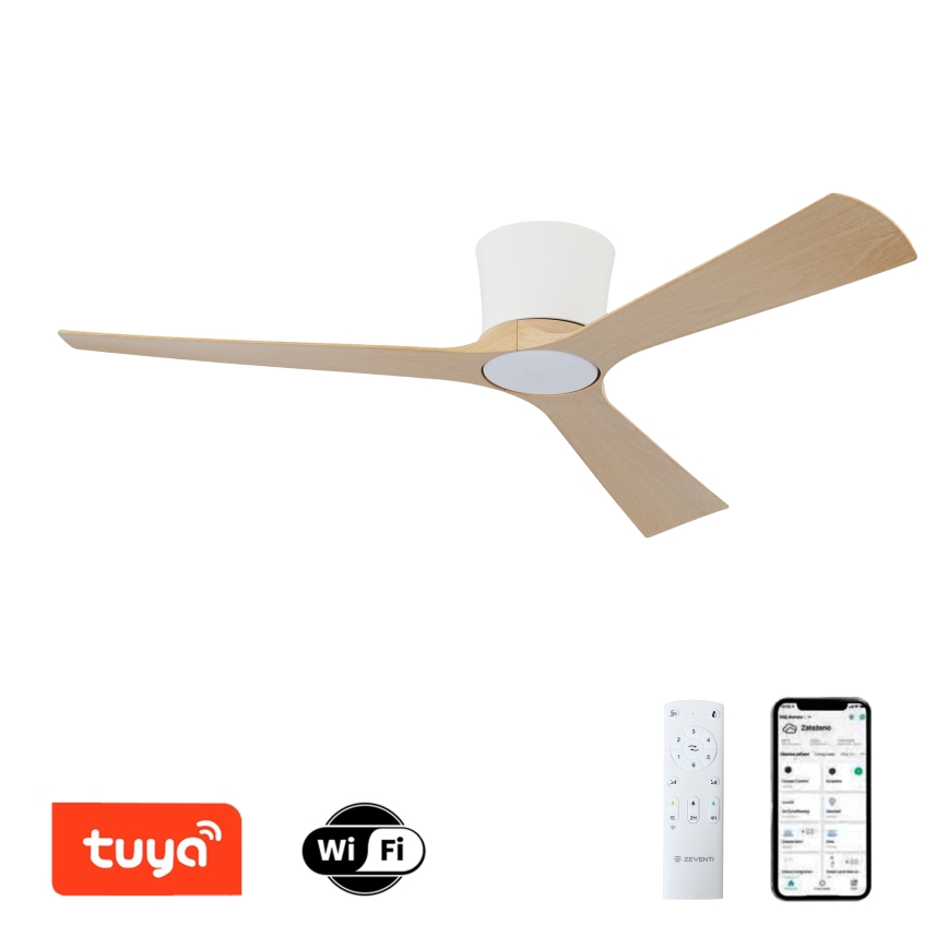 ZEVENTI - LED stmievateľný stropný ventilátor AUREX LED/24W/230V 3000/4000/6000K Wi-Fi Tuya biela/dub + diaľkové ovládanie