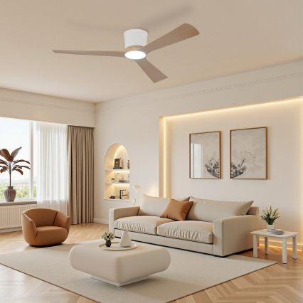 ZEVENTI - LED stmievateľný stropný ventilátor AUREX LED/24W/230V 3000/4000/6000K Wi-Fi Tuya biela/dub + diaľkové ovládanie