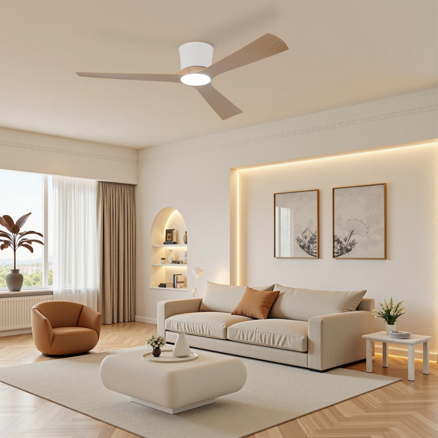 ZEVENTI - LED stmievateľný stropný ventilátor AUREX LED/24W/230V 3000/4000/6000K Wi-Fi Tuya biela/dub + diaľkové ovládanie