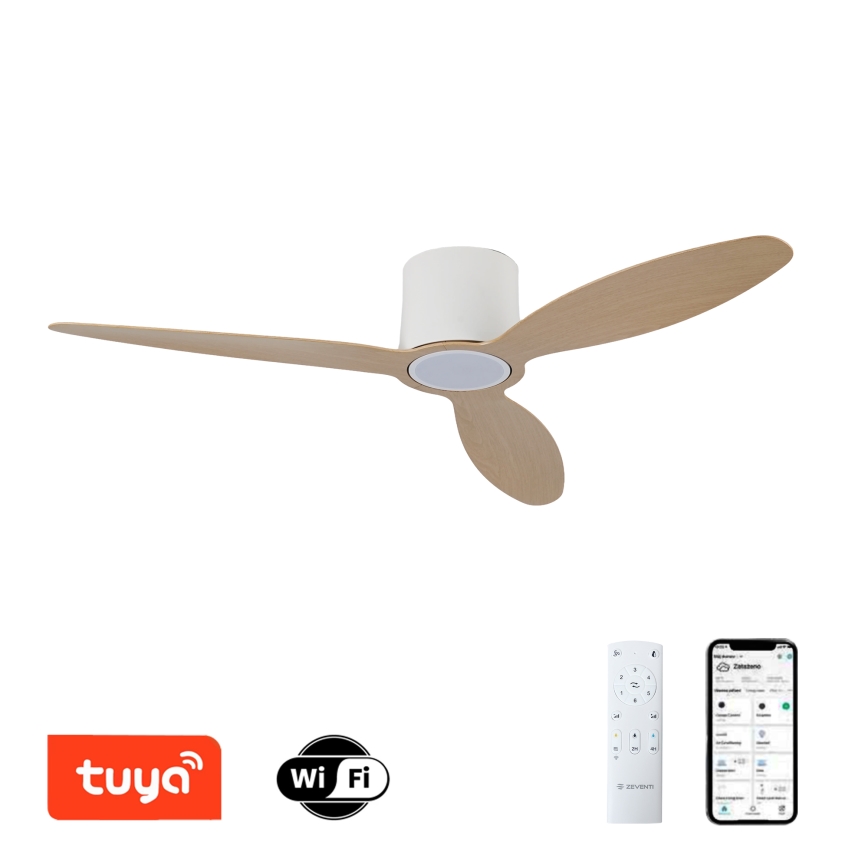 ZEVENTI - LED stlmiteľný stropný ventilátor VENTORA LED/24W/230V 3000/4000/6000K Wi-Fi Tuya biela/dub + diaľkové ovládanie