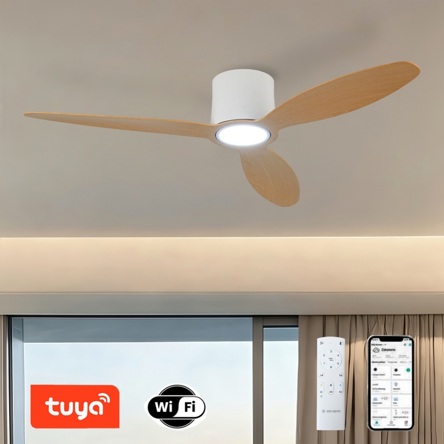 ZEVENTI - LED stlmiteľný stropný ventilátor VENTORA LED/24W/230V 3000/4000/6000K Wi-Fi Tuya biela/dub + diaľkové ovládanie