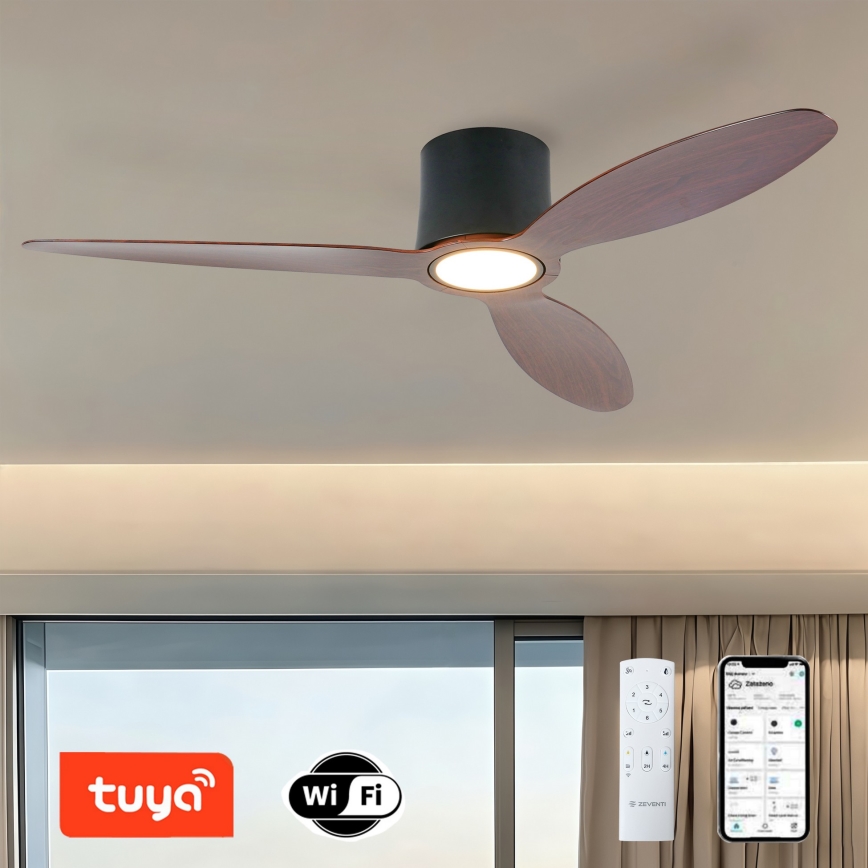 ZEVENTI - LED stmievateľný stropný ventilátor VENTORA LED/24W/230V 3000/4000/6000K Wi-Fi Tuya čierna/orech + diaľkové ovládanie