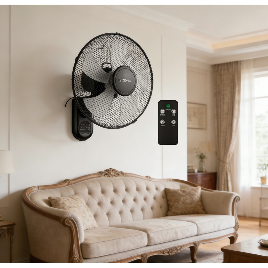 ZEVENTI - Nástenný ventilátor FANNY 45 W/230 V, priemer 41 cm, čierny + diaľkové ovládanie