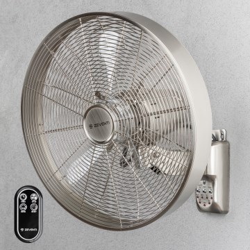 Nástenný ventilátor Zeventi s kovovou konštrukciou rotujúci lopatkami. Ovládací panel s tlačidlami: TIMER, 2ND, OFF, 1ST, LOW, MID, HIGH, ON, 3RD.