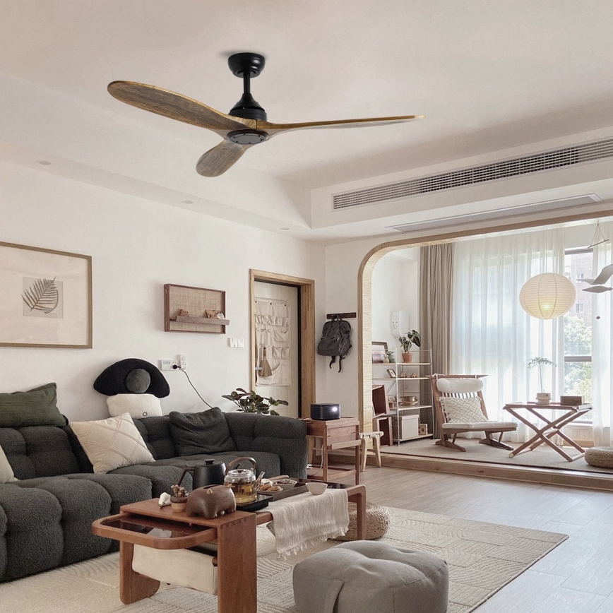 ZEVENTI - Stropný ventilátor LAURIA Wi-Fi Tuya čierna/dub + diaľkové ovládanie