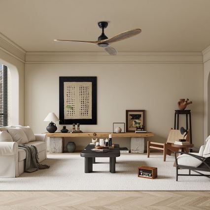 ZEVENTI - Stropný ventilátor LAURIA Wi-Fi Tuya čierna/dub + diaľkové ovládanie