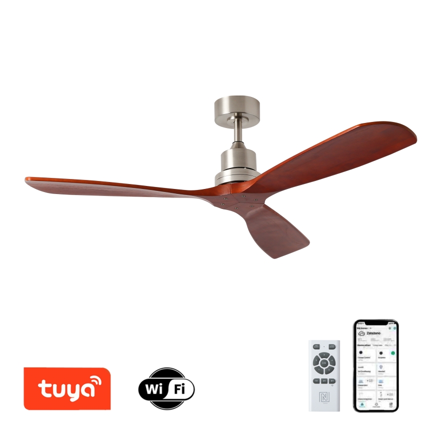ZEVENTI - Stropný ventilátor LIONI Wi-Fi Tuya matný chróm/dub + diaľkové ovládanie