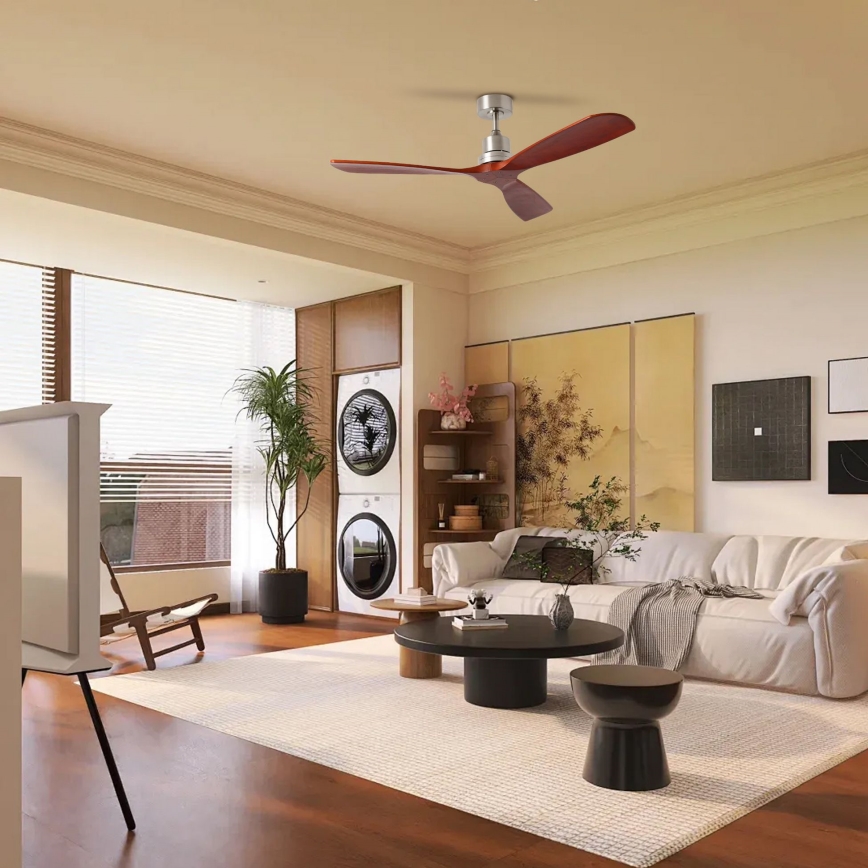 ZEVENTI - Stropný ventilátor LIONI Wi-Fi Tuya matný chróm/dub + diaľkové ovládanie