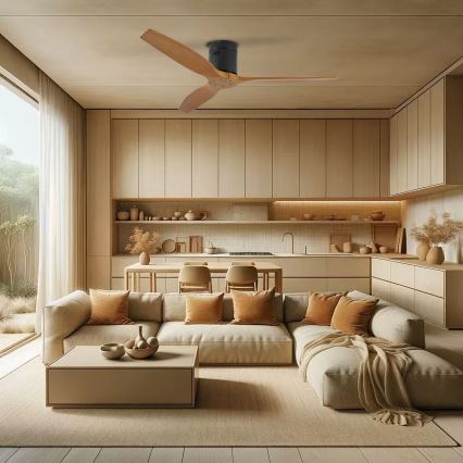 ZEVENTI - Stropný ventilátor SPELLO Wi-Fi Tuya čierny/dub + diaľkové ovládanie