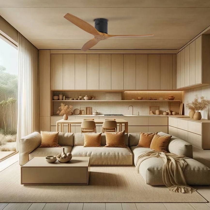 ZEVENTI - Stropný ventilátor SPELLO Wi-Fi Tuya čierny/dub + diaľkové ovládanie