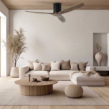 ZEVENTI - Stropný ventilátor SPELLO Wi-Fi Tuya čierna/dub + diaľkové ovládanie