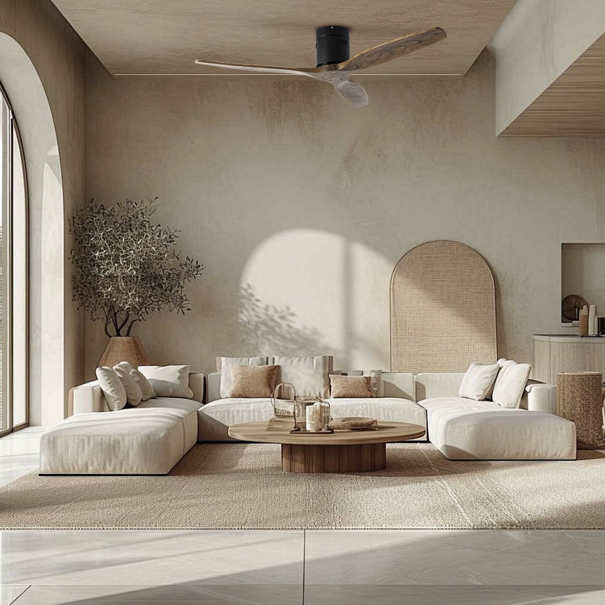 ZEVENTI - Stropný ventilátor SPELLO Wi-Fi Tuya čierna/dub + diaľkové ovládanie