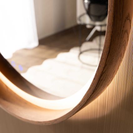 Zuma Line - LED kúpeľňové vyhrievané nástenné zrkadlo s podsvietením, 36 W/230 V, 3000/4000/6000 K, Ø 80 cm, IP44, dub