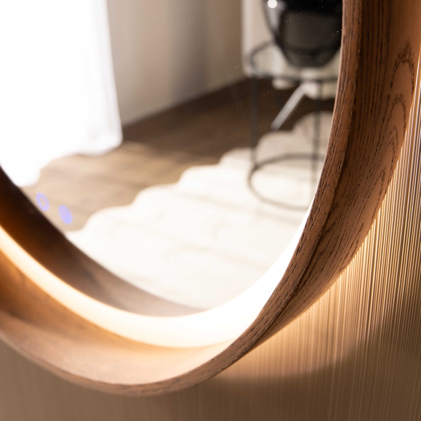 Zuma Line - LED kúpeľňové vyhrievané nástenné zrkadlo s podsvietením, 36 W/230 V, 3000/4000/6000 K, Ø 80 cm, IP44, dub