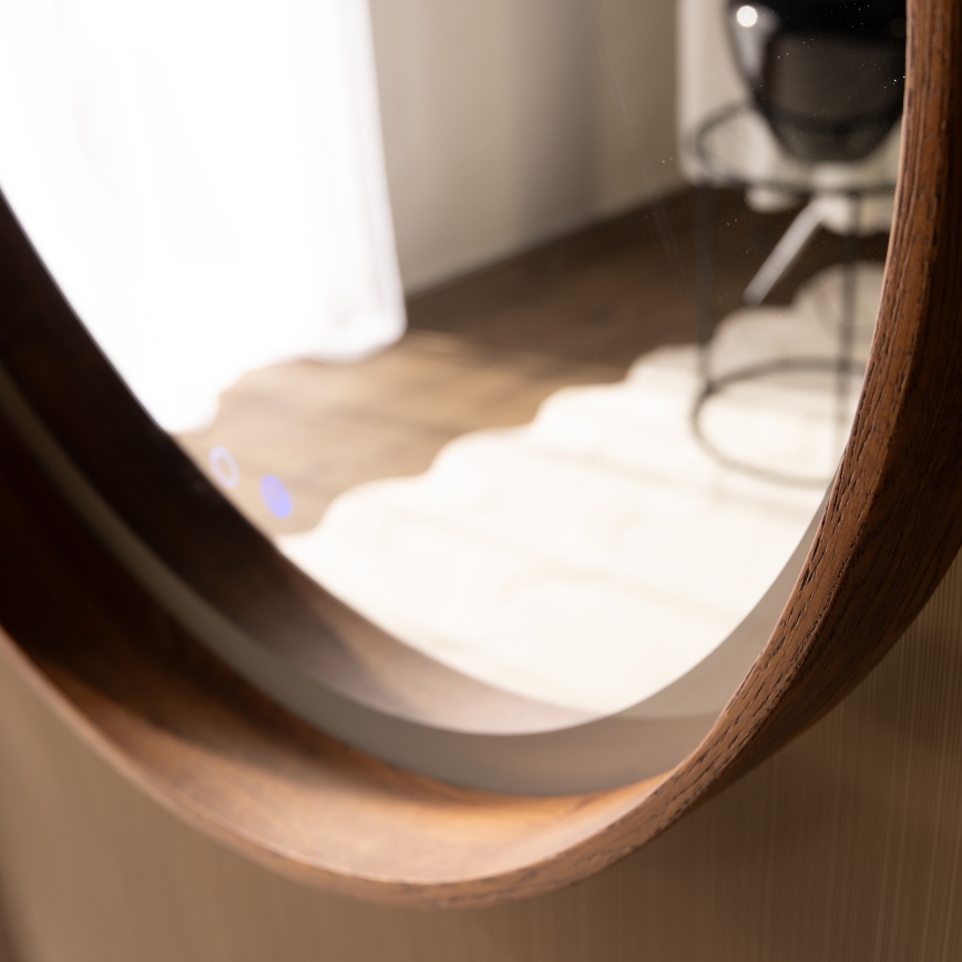 Zuma Line - LED kúpeľňové vyhrievané nástenné zrkadlo s podsvietením, 36 W/230 V, 3000/4000/6000 K, Ø 80 cm, IP44, dub